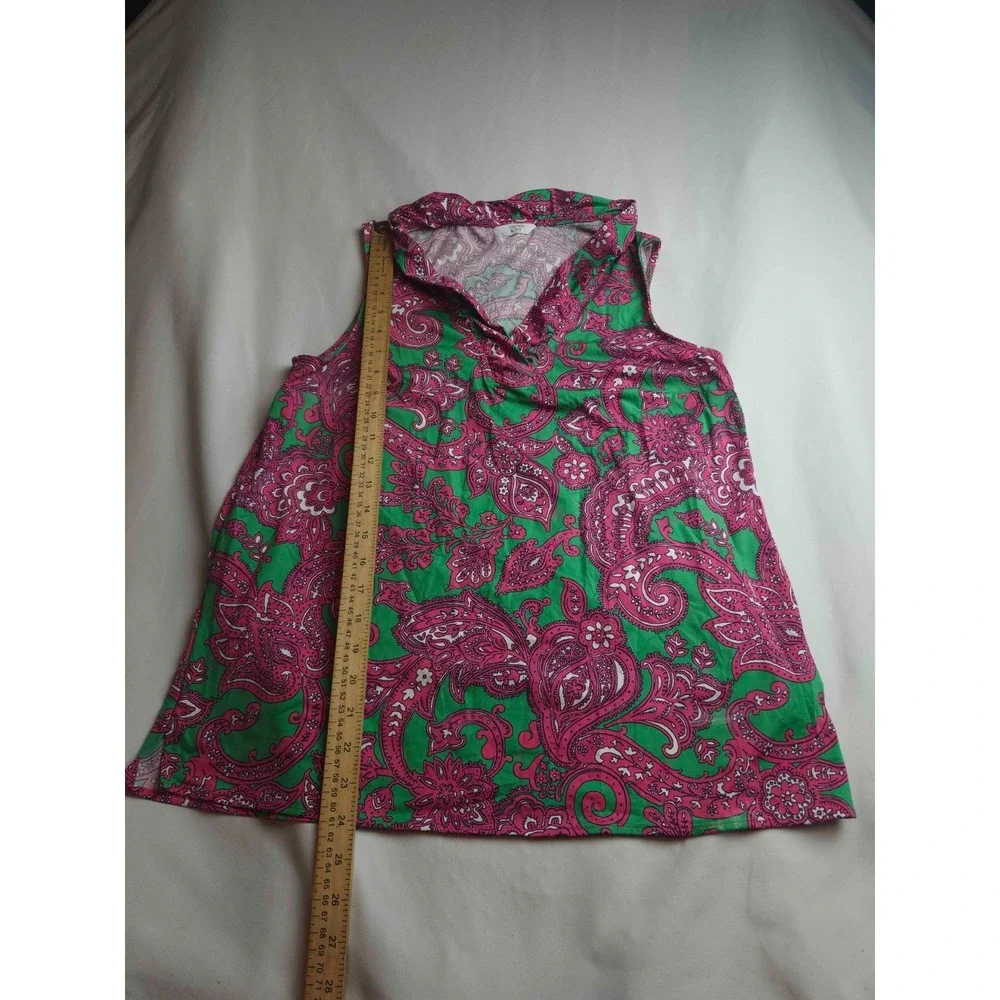 Crown & Ivy Top Womens L Green Pink Paisley Country Club Summer Resortwear
